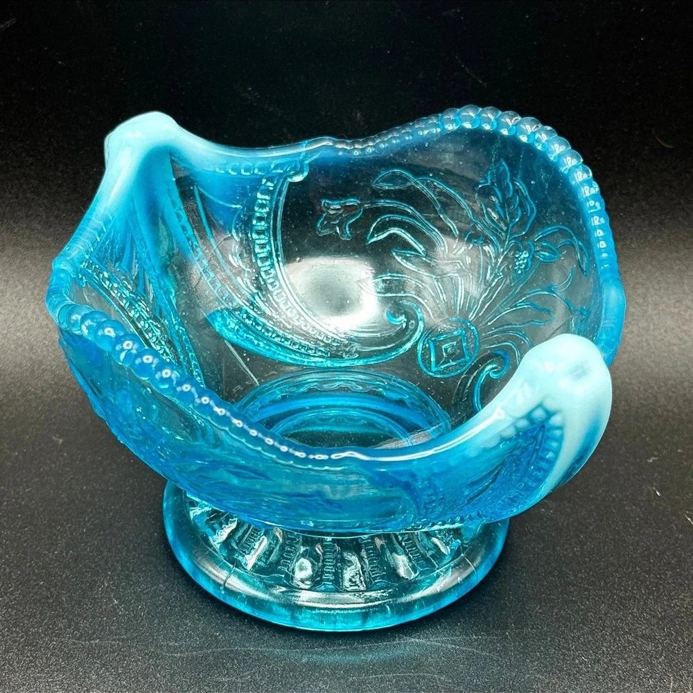 Antique Jefferson Glass Beaded Fleur de Lis Blue Opalescent Bowl c1905 Candy Nut